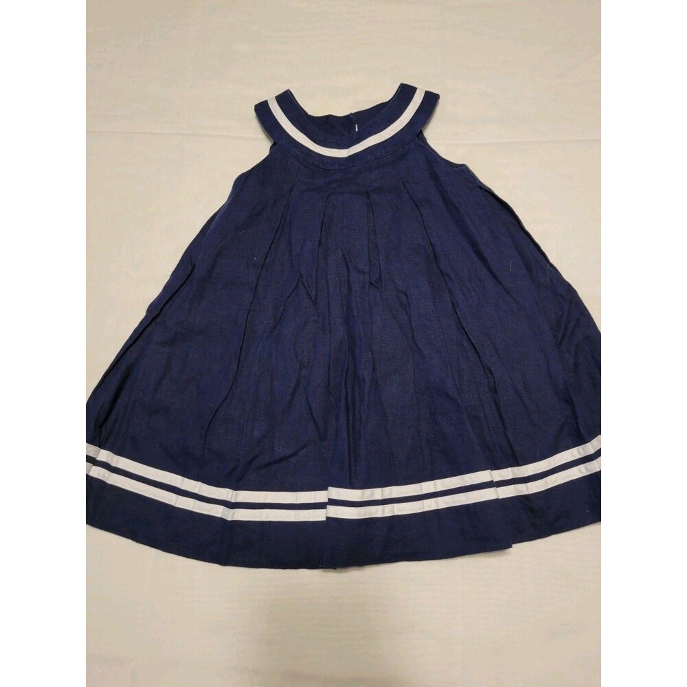 Ralph Lauren Navy Blue Linen Toddler Dress 18 Month Old Sailor Style White Trim